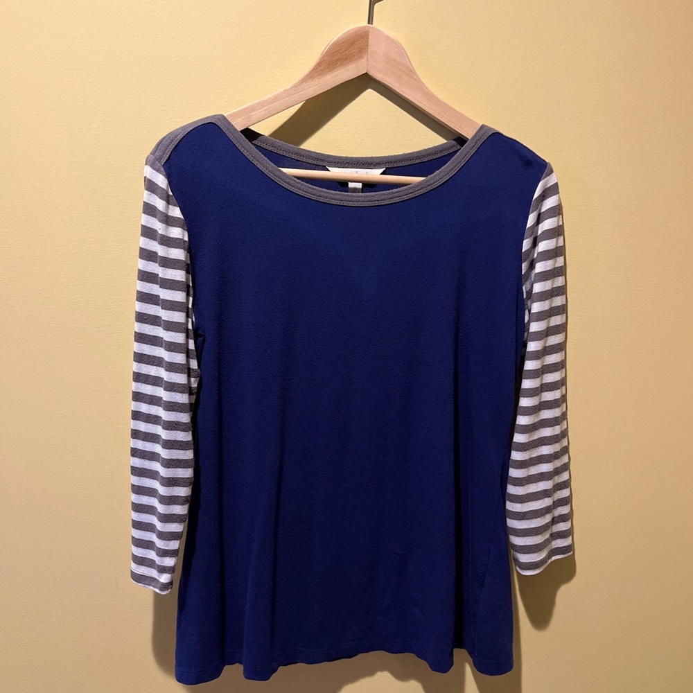 Charming Charlie Long Sleeve Shirt, Navy with Striped Sleeves, Size S